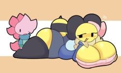 1girls annabee_(woebeeme) anthro axii_(sleepysous) axolotl bee_girl big_breasts female huge_breasts imminent_sex larger_female low_cut_top sleepysous smaller_male smaller_male_larger_female stockings tagme thick_thighs