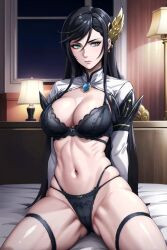 ai_generated bed bedroom bedroom_sex black_bra black_hair black_panties bra brunhild_(shuumatsu_no_valkyrie) female female_focus female_only green_eyes hair_between_eyes hair_ornament head_tilt imminent_rape imminent_sex looking_at_viewer looking_up lying_on_back lying_on_bed naughty_face partially_clothed partially_nude seductive seductive_eyes seductive_look seductive_mouth seductive_pose shuumatsu_no_valkyrie sleeping solo solo_female solo_focus stable_diffusion