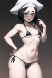 ai_generated bikini_top bra breasts female female_focus female_only glasses hat looking_at_viewer micro_bikini nervous nervous_face reginleif_(shuumatsu_no_valkyrie) shuumatsu_no_valkyrie small_breasts solo solo_female solo_focus stable_diffusion