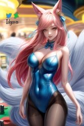 1girls 2:3 absurdres ahri ai_generated animal_ears artist_name bare_arms blue_bunnysuit blue_leotard bunnysuit casino cleavage deviantart_logo ear_ornament facial_markings female female_only fox_ears fox_girl idgaroo kumiho large_breasts league_of_legends league_of_legends:_wild_rift long_hair multiple_tails navel_outline nine_tailed_fox pantyhose pink_hair pixai poker_chip riot_games solo spirit_blossom_ahri spirit_blossom_series stable_diffusion tail twitter_logo whisker_markings white_fur yellow_eyes