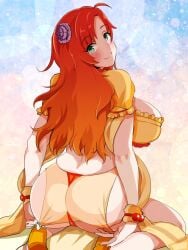 41_(taskmaster41) ass boudica_(fate) boudica_(fate/grand_order) boudica_(third_ascension)_(fate) breasts cameltoe commentary_request cosplay fate/grand_order fate_(series) female flower from_behind green_eyes hair_flower hair_ornament highres large_breasts long_hair looking_at_viewer looking_back mata_hari_(fate)_(cosplay) red_hair seiza sitting skindentation solo thighs thong