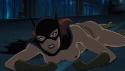 angry barbara_gordon batgirl batgirl_(the_killing_joke) belt boots gloves lying lying_on_stomach nipples nude_filter outside partially_clothed red_hair third-party_edit