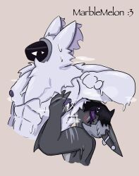 absurd_res anthro armpit_sniffing black_hair blush bodily_fluids confusion duo ear_piercing eye_scar facial_scar fish fluffy grey_body groping_chest hair hand_scar hi_res lactating machine male male/male marine muscular muscular_male musk musk_cloud musky_armpit nipples piercing protogen scar shark smolshork sniffing sweat thesmollestboi unnamed_character visor_eyes watermark white_body