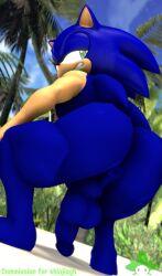 2024 3d_(artwork) anthro anus ass backsack balls big_butt blue_body bomberman_kenny cloud crouching digital_media_(artwork) genitals green_eyes hands_on_knees hands_on_legs hi_res humanoid_genitalia humanoid_penis kennyb0mber_(artist) looking_back male male_only outdoor_nudity outside palm_tree penis plant presenting presenting_hindquarters sega sky smile solo sonic_(series) sonic_the_hedgehog sonic_the_hedgehog_(series) tree watermark