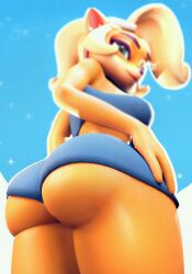 1girls 3d animal_ears anthro ass ass_focus bandicoot big_ass blonde_hair blue_shorts bottomwear clothing coco_bandicoot crash_(series) crash_(series) dat_ass female female_only green_eyes hair huge_ass looking_back ponytail sala3d short_shorts shorts solo solo_female thick_thighs thighs topwear