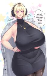 1girls 2024 2d 2d_(artwork) 5_fingers armpits big_thighs black_clothing black_dress blonde_hair blonde_hair blush blush bracelet child_bearing_hips chubby coolpsyco106 dialogue dress ear_muffs english english_text female female female_focus female_only hands_on_hips hi_res highres hips jacket_on_shoulders large_thighs light-skinned_female light_skin looking_at_viewer milf necklace purple_eyes rosalie_(coolpsyco106) short_hair sideboob smirk solo solo_female solo_focus stockings thick_thighs thighs tight_dress wide_hips