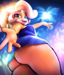1girls 3d animal_ears anthro ass ass_focus bandicoot big_ass blonde_hair blue_dress clothing coco_bandicoot crash_(series) crash_(series) dat_ass dress female female_only fireworks green_eyes hair huge_ass looking_back new_year sala3d short_dress smile solo solo_female thick_thighs thighs