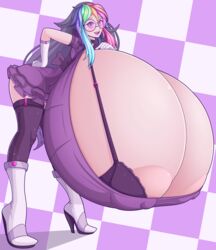 areolae big_breasts breasts breasts_bigger_than_head checkered_background chounyuu-tan cleavage excessive_boob_flesh eyewear gigantic_breasts glasses gloves huge_breasts hyper hyper_breasts long_hair massive_breasts nipple_bulge oscillons shoes tagme