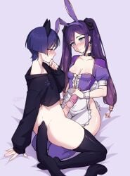 1boy 1girls blue_eyes blue_hair blush bottomless bunny_ears bunny_tail cat_ears cat_tail catboy cleavage female_on_femboy femboy femboy_on_female genshin_impact green_eyes half-closed_eyes half-dressed long_hair mona_(genshin_impact) naomi-tyan penis purple_hair rubbing_penis scaramouche_(genshin_impact) sex_toy short_hair sitting sitting_on_lap sitting_on_person stockings straight thighhighs toy toying_partner twintails vibrator vibrator_on_penis