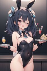 1girls ai_generated black_fur blush bunny_ears bunny_tail bunnysuit cleavage detached_collar female female_focus female_solo front_view hair_ribbon holding_object light-skinned_female looking_at_viewer neptunia_(series) open_mouth red_eyes skin_tight small_breasts solo thighs twintails uni_(neptunia) waitress wink wristband