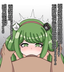 1girls aged_up blowjob blowjob_face blush danganronpa danganronpa_ultra_despair_girls deepthroat eye_contact fellatio female forced forced_oral grabbing_hair green_eyes green_hair japanese_text oral pov pulling_hair rape sex straight_hair sucking tears teenager text towa_monaca translation_request twintails