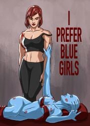 2d 2girls alien_girl alien_humanoid arm_grab asari biceps blue_skin book_cover broad_shoulders clothing_aside commander_shepard english_text erect_nipples female/female female_only femshep fit_female half-dressed half_naked i_prefer_girls interspecies interspecies_yuri kala_elizabeth kiss_mark kiss_marks liara_t'soni looking_down_at_partner mass_effect meme muscular_back muscular_female muscular_shoulders nipples_visible_through_clothing pinup reaching_out red_hair sportswear strap_slip tagme tank_top toned_female touching_arm yuri