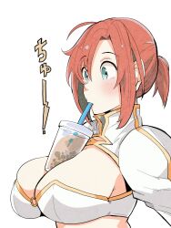 41_(taskmaster41) between_breasts blue_eyes boudica_(fate) boudica_(fate/grand_order) breasts bubble_tea bubble_tea_challenge cleavage cleavage_cutout clothing_cutout commentary_request cup drinking fate/grand_order fate_(series) female highres huge_breasts o-ring o-ring_top ponytail red_hair revealing_clothes short_hair short_ponytail simple_background solo upper_body white_background