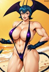 1girls abs ai_generated antennae armpits beach beast big_breasts black_hair breasts bush claws cleavage demon_girl devilman_lady hair_between_eyes hairy hairy_pussy head_wings hips huge_breasts jun_fudo looking_at_viewer milf muscles posing self_upload short_hair sling_bikini slingshot_swimsuit smile stable_diffusion succubus tail thighs unclego