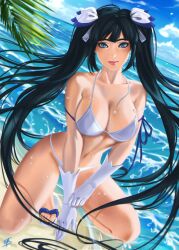 bad_id bad_pixiv_id beach blue_eyes breasts cloud collarbone day dungeon_ni_deai_wo_motomeru_no_wa_machigatteiru_darou_ka female flip-flops gloves hestia_(danmachi) kneeling large_breasts lips long_hair looking_at_viewer navel outdoors sandals sky solo strap_slip tatti_art twintails very_long_hair water