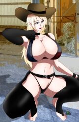 big_breasts blonde_hair blue_eyes cowboy_hat cowgirl_outfit naomi_redfield_(noir-black-shooter) noir-black-shooter oc original original_character texas texas_flag