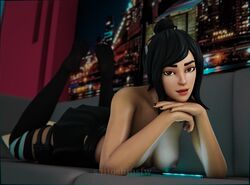 1girls 3d black_hair black_nails black_skirt black_stockings breasts brown_eyes eyebrows eyelashes eyeshadow feet_up female female_only fortnite fortnite:_battle_royale laying_down looking_at_viewer nail_polish nipples no_shoes saitoshinsfw short_hair skirt solo solo_female straight topless tsuki_(fortnite)