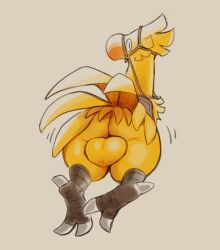 animal_noises anthro ass avian balls beak big_balls big_butt chocobo claws daftpatriot dialogue feathers feet final_fantasy genitals gesture hand_gesture hand_on_butt harness harness_only male pointing rear_view solo speech_bubble square_enix tail tail_feathers talons thick_thighs toes yellow_body yellow_feathers