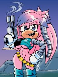 abs anthro archie_comics barely_sly big_breasts breasts clothed clothing cybernetics echidna female gun julie-su machine mammal monotreme muscular muscular_female pantsless ranged_weapon sega solo sonic_(series) sonic_the_hedgehog_(archie) sonic_the_hedgehog_(comics) sonic_the_hedgehog_(series) weapon