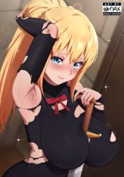 arm_behind_head armpits black_bodysuit blonde_hair blue_eyes blush bodysuit breasts darkness_(konosuba) female female_focus huge_breasts kono_subarashii_sekai_ni_shukufuku_wo! lips ohdax ponytail ribbon smile solo sword sword_between_breasts torn_bodysuit torn_clothes weapon