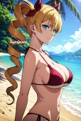 1girls ai_generated artist_name beach big_breasts bikini blonde_hair blue_eyes breasts busty child_bearing_hips claire_harvey cleavage confident drill_hair female female_only hundred legs looking_at_viewer navel ocean pose posing red_bikini sensual sideboob smile solo thighs twin_drills voluptuous water