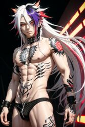 abs ai_generated bulge emo_boy long_hair male speedo spiked_bracelet spiked_collar tatoos