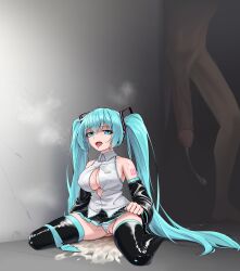 1boy1girl blue_hair cum_in_pussy cum_on_floor eyes_open hatsune_miku hopping_cop huge_cock on_floor on_ground on_knees open_shirt thick_thighs thighhighs twintails