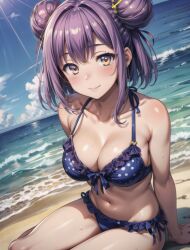 1girls ai_generated bangs beach_background belly_button blue_bikini blue_bikini_bottom blue_bikini_top blush_lines bow_bikini busty_female classroom_of_the_elite duel_hair_buns female pokadot_bikini purple_hair schoolgirl sitting_on_sand smiling_at_viewer solo_female solo_focus stomach tachibana_akane_(cote) yellow_eyes