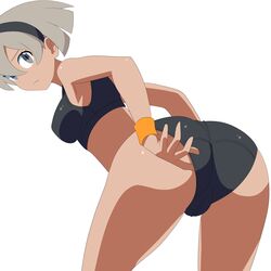 1girls ass bea_(pokemon) big_ass big_butt breasts eye_contact female grey_hair hair_ribbon looking_at_viewer monkeyhead nintendo pokemon pokemon_ss short_hair shorts sports_bra thighs tight_clothing white_background