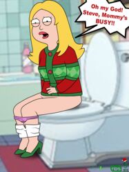 1girls american_dad black_eyes blonde_hair english_text francine_smith high_heels lipstick long_hair makeup milf panties_down pants_down sitting the_wank_bank thedispenser69 toilet