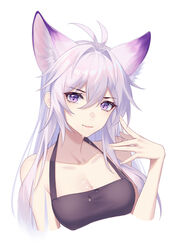 1girls animal_ears apron bare_shoulders breasts bust_portrait collarbone drool drool_on_breasts drool_on_face drool_string drooling eyebrows_visible_through_hair fox_ears kirby_d_a licking_fingers long_hair looking_at_viewer medium_breasts naked_apron original original_character purple_eyes purple_hair slit_pupils solo tongue_out white_background white_hair