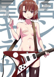 >:o 1girls :o bandaid bandaids_on_nipples black_legwear breasts brown_hair cigarette flying_v guitar hairclip instrument looking_at_viewer nude open_mouth original short_hair smoke smoking solo standing suzushiro_nazuna thighhighs