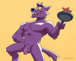 1boy 5:4 absurd_res anthro balls bernard_(ok_k.o.!_lbh) canid canine canis cartoon_network chest_tuft cookware draftgon flaccid food frying_pan fur genitals hi_res humanoid_genitalia humanoid_penis kitchen_utensils male male_only mammal meat nude ok_k.o.!_let's_be_heroes penis purple_body purple_fur sausage simple_background solo tools tuft were werecanid werecanine werewolf wolf yellow_background