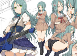 1girls anger_vein angry ass bang_dream! black_legwear black_panties blush breast_grab closed_eyes clothes_lift dress green_eyes green_hair guitar hikawa_sayo instrument kneeling long_hair looking_at_viewer medium_breasts multiple_views ribbon shiseki_hirame skirt skirt_lift solo underwear