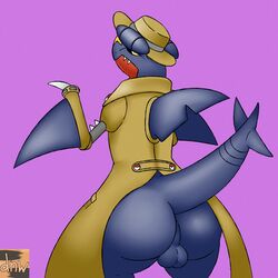 ass balls clothing dragon furry garchomp genitals hat headgear headwear hi_res male male_only nintendo pokémon_(species) pokemon pokemon_(species) pokemon_unite presenting presenting_hindquarters raised_tail reallydarkandwindie scalie stakeout_style_garchomp tail video_games