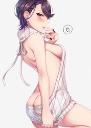 ass back bare_shoulders blush female female_only gundou_mirei nijisanji rai_(newtype_xm-x1) sideboob solo solo_female sweater sweater_tug virgin_killer_sweater virtual_youtuber