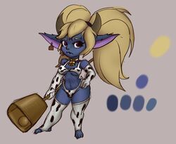 bluesparrow breasts cow_horns cow_tag cowbell cowkini cute_fang league_of_legends poppy riot_games shortstack standing yordle