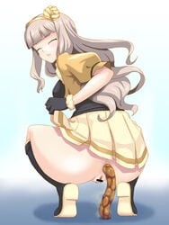 back back_view closed_eyes fully_clothed hou_(hachiyou) idolmaster no_panties pooping scat shijou_takane silver_hair skirt skirt_lift squatting