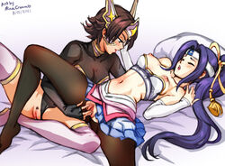 2girls bare_thighs blue_hair bodystocking breasts breasts_out brown_eyes brown_hair cleavage closed_eyes female_only female_pubic_hair fingering fingering_partner ginchiyo_(pokemon) inahime leotard leotard_aside long_hair medium_breasts minacream multiple_girls nipples open_mouth pantyhose pokemon pokemon_conquest ponytail pubic_hair purple_hair pussy sengoku_musou sex short_hair smile spread_legs tachibana_ginchiyo thighhighs thighs torn_clothes vaginal_penetration yuri