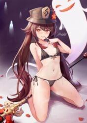 1girls bikini black_bikini blush breasts brown_hair female female_only genshin_impact ghost groin hat hi_res hiroki_ree hu_tao_(genshin_impact) kneeling legs looking_at_viewer navel petite polearm red_eyes seductive_smile side-tie_bikini small_breasts sweat thighs twintails weapon