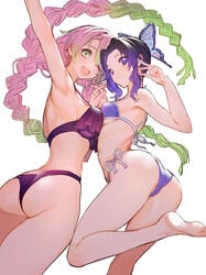 2girls armpit ass back_view bangs barefoot big_ass big_breasts bikini black_hair braided_hair breast_press breast_size_difference butterfly_hair_ornament demon_slayer female female_only interlocked_fingers iwatokko kanroji_mitsuri kimetsu_no_yaiba kochou_shinobu long_hair looking_at_viewer looking_back medium_breasts mole_under_eye open_mouth pink_hair purple_bikini purple_eyes purple_highlights rear_view side-tie_bikini small_breasts smile soles swimsuit two_tone_hair underboob very_long_hair wide_hips wink