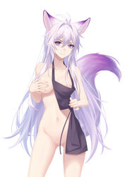 1girls animal_ears anthro apron breasts collarbone eyebrows_visible_through_hair fox_ears fox_tail kirby_d_a legs long_hair looking_at_viewer medium_breasts mostly_nude naked_apron navel nipples original original_character purple_eyes purple_hair pussy silver_hair skinny slit_pupils solo standing tail two_tone_hair white_background