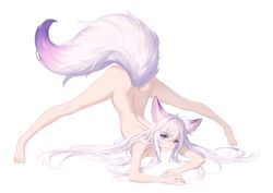 1girls absurdres animal_ear_fluff animal_ears antenna_hair ass back barefoot breast_press breasts closed_mouth commentary_request completely_nude female female_only fox_ears fox_girl fox_tail full_body hair_intakes highres jack-o'_challenge kirby_d_a large_tail long_hair looking_at_viewer medium_breasts nude original purple_eyes silver_hair simple_background smile solid_color_background solo solo_focus spread_legs tail top-down_bottom-up very_long_hair white_background