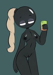 1girls black_body bomb bomb_girl leaking leaking_pussy looking_at_viewer phone seductive seductive_look seductive_smile selfie treshbaggy white_eyes