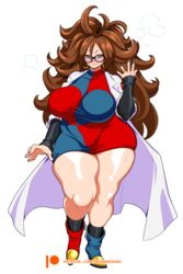 android_21 android_21_(human) belly_button black_nail_polish black_nails blue_eyes brown_hair bunkwizard dragon_ball dragon_ball_fighterz dragon_ball_super dragon_ball_z dress earrings erect_nipples erect_nipples_under_clothes glasses heel_boots hoop_earrings horny huge_breasts labcoat long_hair looking_at_viewer married_woman microskirt milf nail_polish plump skindentation smirk socks steaming_body sweat sweating thick_thighs venus_body wedding_band wedding_ring wide_hips