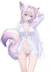 1girls animal_ears bottomless breasts collarbone collared_shirt eyebrows_visible_through_hair fox_ears fox_tail kirby_d_a long_hair looking_at_viewer medium_breasts navel no_bra no_panties original original_character purple_eyes purple_hair pussy shaved_pussy slit_pupils solo tail two_tone_hair white_background white_hair white_shirt