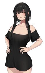 1girls bangs bare_shoulders black_clothing black_dress black_hair black_topwear blush brown_eyes closed_mouth clothed collarbone dress eyebrows_visible_through_hair hands_on_hips highres kuronerinka looking_at_viewer mole mole_under_eye original short_dress short_hair_with_long_locks short_sleeves sidelocks small_breasts solo