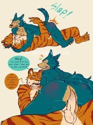 2021 5_fingers 5_toes anal anal_sex annoyed anthro anthro_on_anthro anthro_penetrated anthro_penetrating anthro_penetrating_anthro arm_tattoo ass athletic athletic_anthro athletic_male back_scar balls beastars bengal_tiger bill_(beastars) bite biting_lip biting_own_lip canid canine canis claws clenched_teeth dialogue dismissive duo english_text eye_scar facial_scar feet felid finger_claws fingers from_front_position fur genitals grey_body grey_fur hand_on_back hand_on_head hand_on_leg hand_on_thigh hi_res humanoid_feet humanoid_genitalia humanoid_hands humanoid_penis kinktober legoshi_(beastars) lying male male/male male_only male_penetrated male_penetrating male_penetrating_male mammal multicolored_body multicolored_fur nude on_back one_eye_closed orange_body orange_fur pain pantherine pecs penetration penile penile_penetration penis penis_in_ass reverse_missionary_position scar scratches self_bite sex shoulder_tattoo smile spanking spicedpopsicle tan_body tan_fur tattoo teeth text tiger toe_claws toes two_tone_body two_tone_fur watermark whiskers wolf