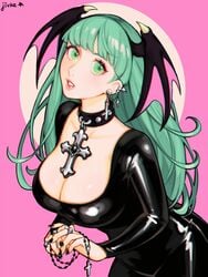 1girls areola areolae bat_wings black_dress black_nails capcom cleavage clothing collar cross cross_necklace cute darkstalkers demon_girl dress earrings female fetish_wear goth gothic green_eyes green_hair hairband jewelry jivke large_breasts latex latex_dress long_hair looking_at_viewer morrigan_aensland nail_polish nails necklace painted_nails solo studded_collar succubus tagme wings