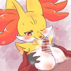 anthro big_breasts bodily_fluids breast_play breasts censored delphox female fur genitals heart mochimochi39mo multicolored_body multicolored_fur nintendo paizuri penis pokémon_(species) pokemon sex sweat titjob video_games